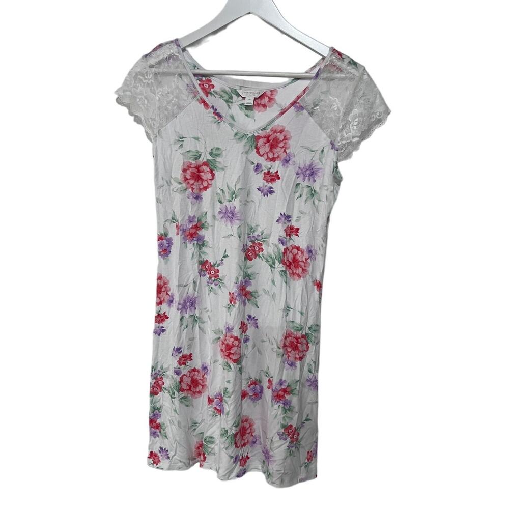 CHARTER CLUB WOMENS LACE-SLEEVE CHEMISE NIGHTGOWN BLOSSOMS FLORAL WHITE XS